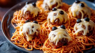 Spaghetti Fantômes Avec Boulettes De Viande Monstrueuses Au Fromage