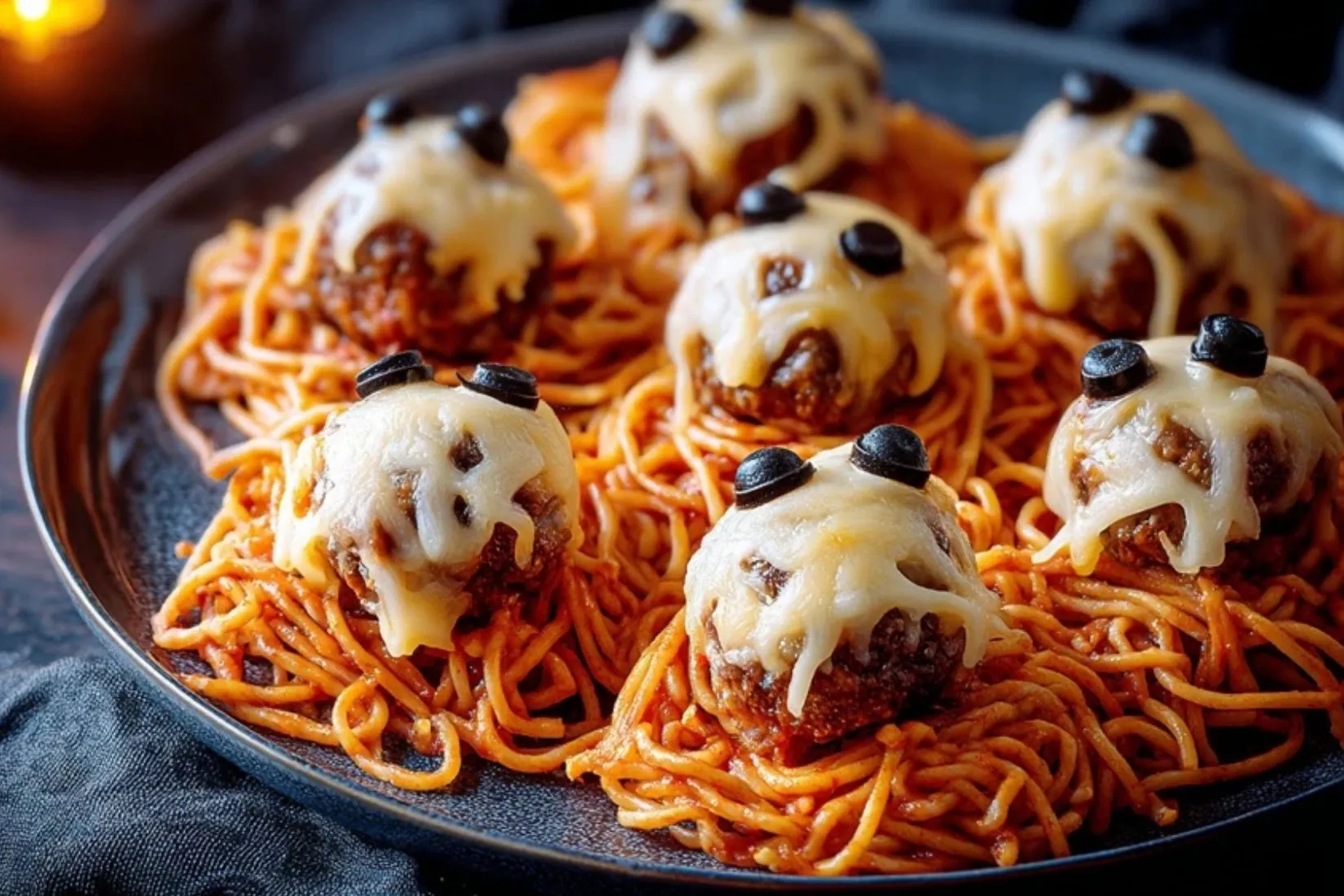 Spaghetti Fantômes Avec Boulettes De Viande Monstrueuses Au Fromage