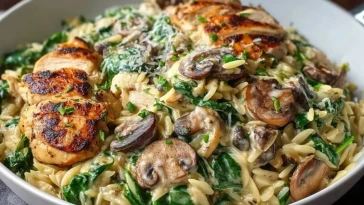 Orzo Crémeux aux Épinards, Champignons et Poulet