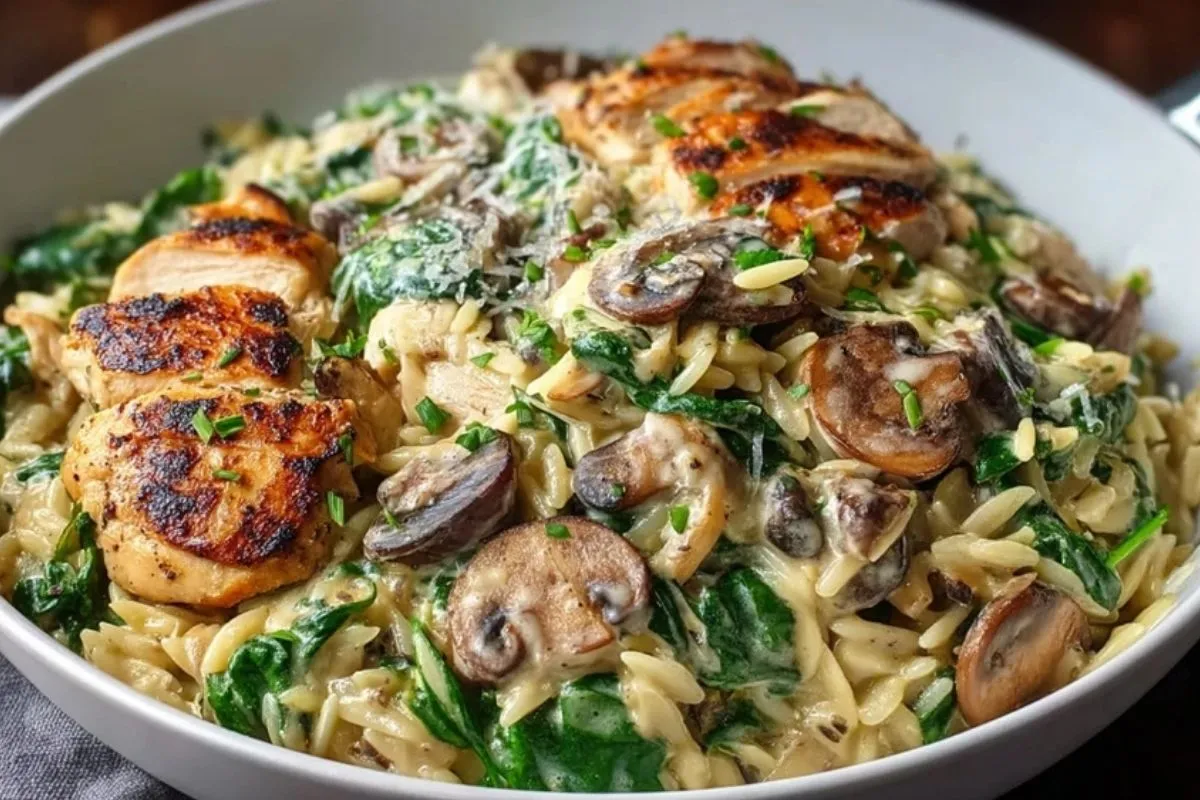 Orzo Crémeux aux Épinards, Champignons et Poulet
